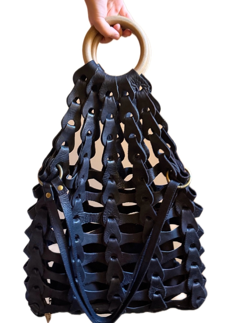 Italian Leather Woven Tote with Wooden Ring Handles - Picture 3 of 6